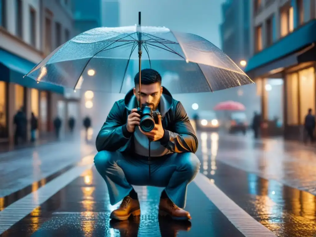 Fotógrafo profesional capturando la ciudad bajo la lluvia con equipo protegido