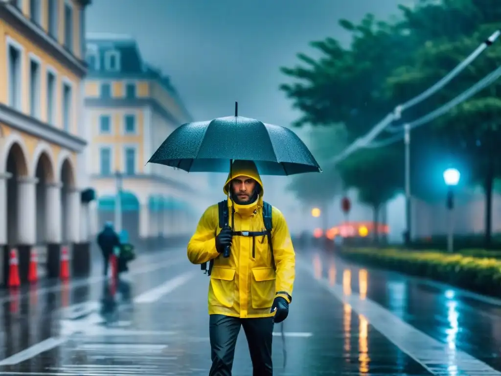 Fotógrafo profesional capturando imágenes bajo la lluvia, protegiendo su cámara con destreza