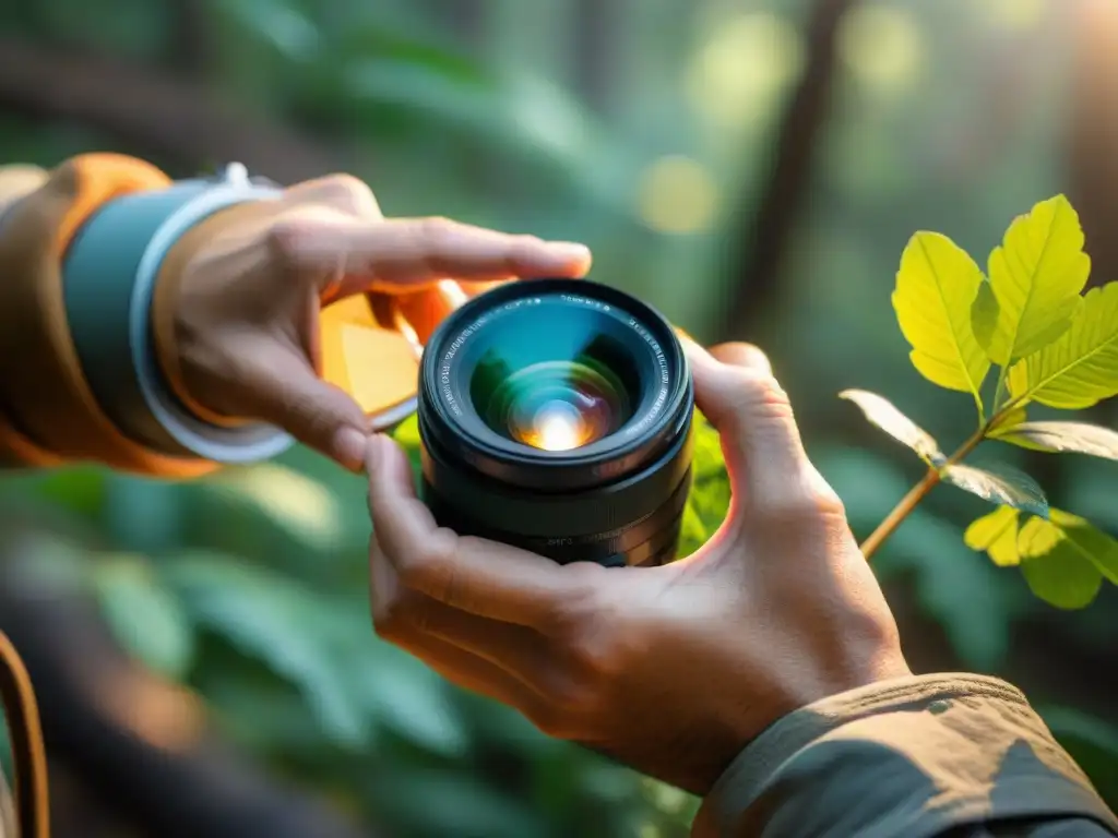 Un fotógrafo profesional limpia con cuidado el cristal de su cámara en un bosque soleado