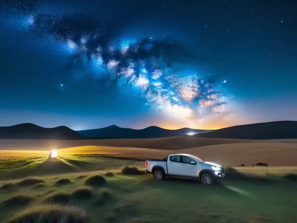 Un fotógrafo solitario preparando su equipo bajo el cielo estrellado en el campo de Uruguay