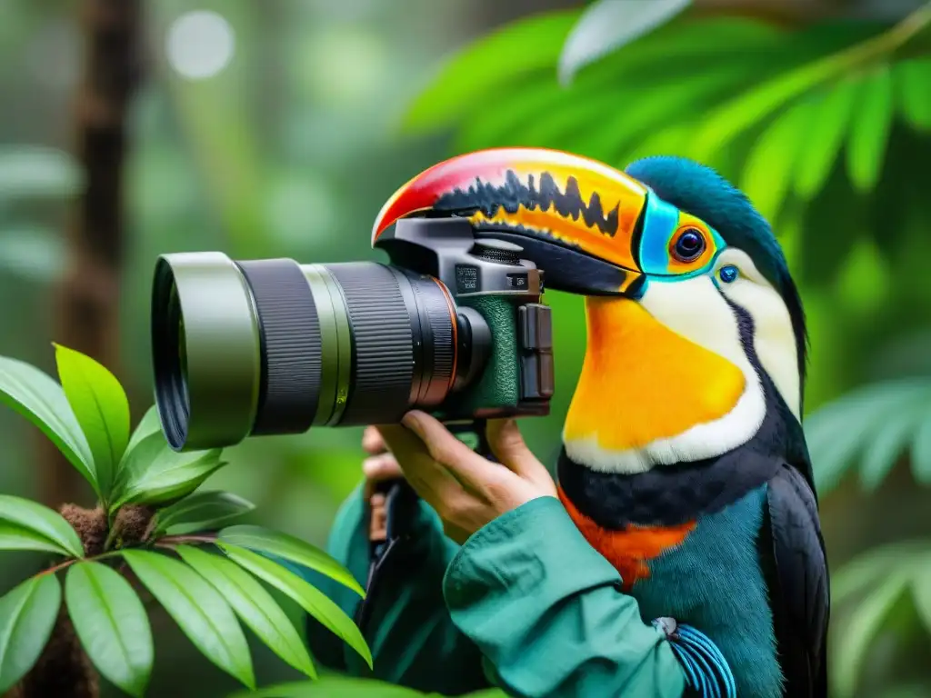 Fotógrafo de fauna uruguaya concentrado ajustando la cámara para capturar un tucán vibrante en la selva