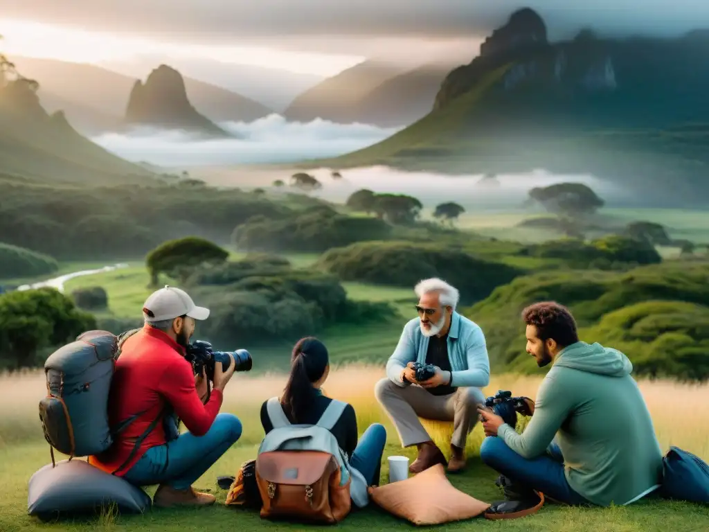 Fotógrafos diversos aprenden juntos en un taller de fotografía en Uruguay, rodeados de naturaleza y equipamiento de camping, bajo un cielo crepuscular