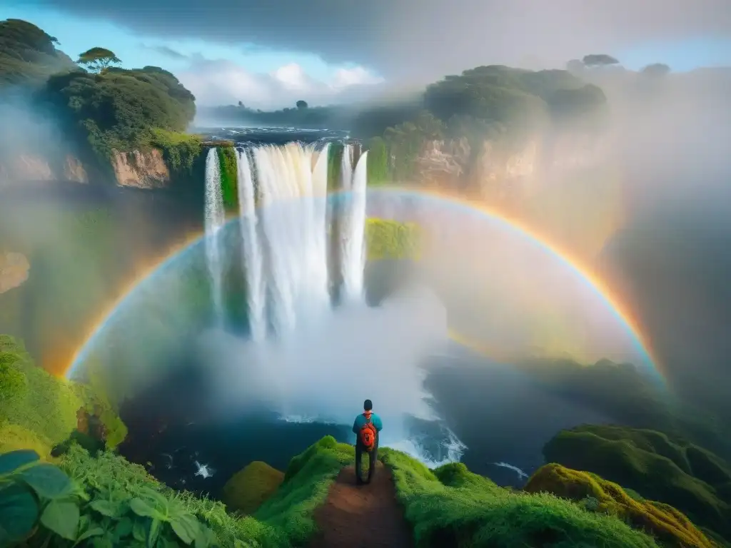 Fotógrafos de naturaleza en Uruguay capturando un arcoíris sobre una cascada