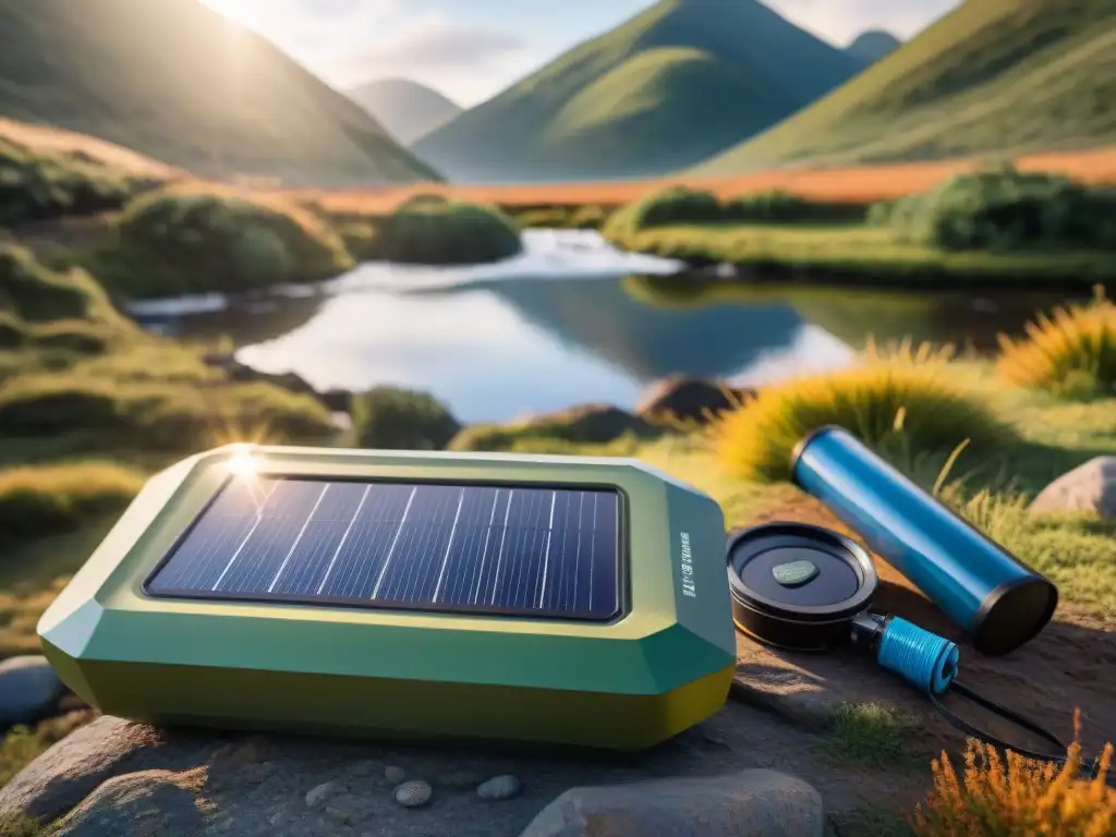 Gadget de alta tecnología purificando agua en un campamento en Uruguay al atardecer