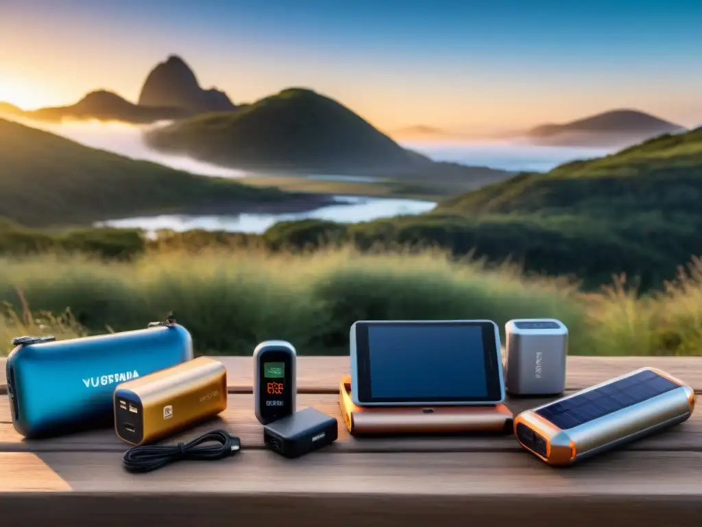 Gadgets de alta tecnología para camping en Uruguay sobre mesa de madera al atardecer