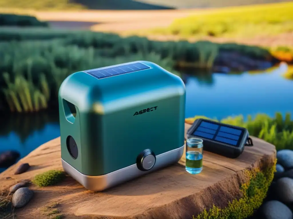 Gadgets camping innovadores en Uruguay: purificador solar de agua de alta tecnología en acción en un idílico sitio de camping