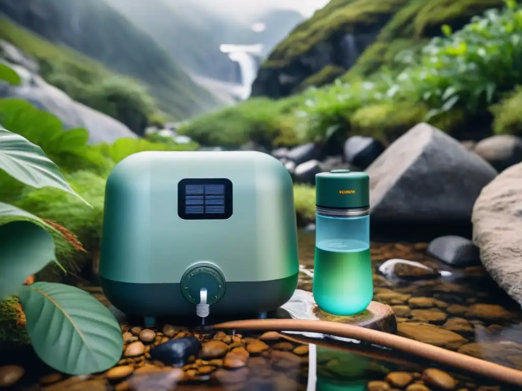 Gadgets de supervivencia para camping: purificador de agua solar en acción junto a un arroyo de montaña cristalino rodeado de vegetación exuberante