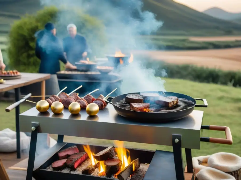 Un gaucho experto preparando platos típicos en un asado al aire libre en un lujoso camping de Uruguay