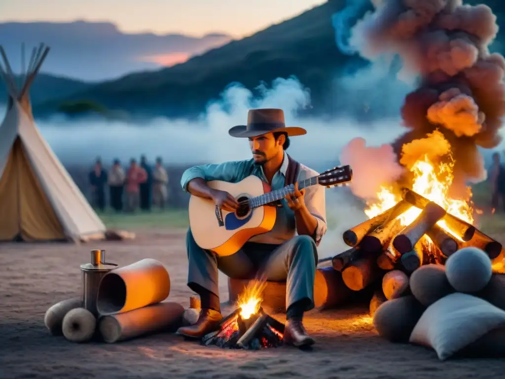 Gaucho tocando guitarra en fogata con campistas disfrutando mate al atardecer en Uruguay durante un viaje de camping