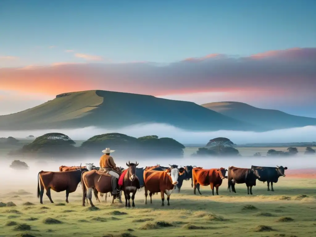 Un gaucho tradicional guiando el ganado en las llanuras de Uruguay al atardecer