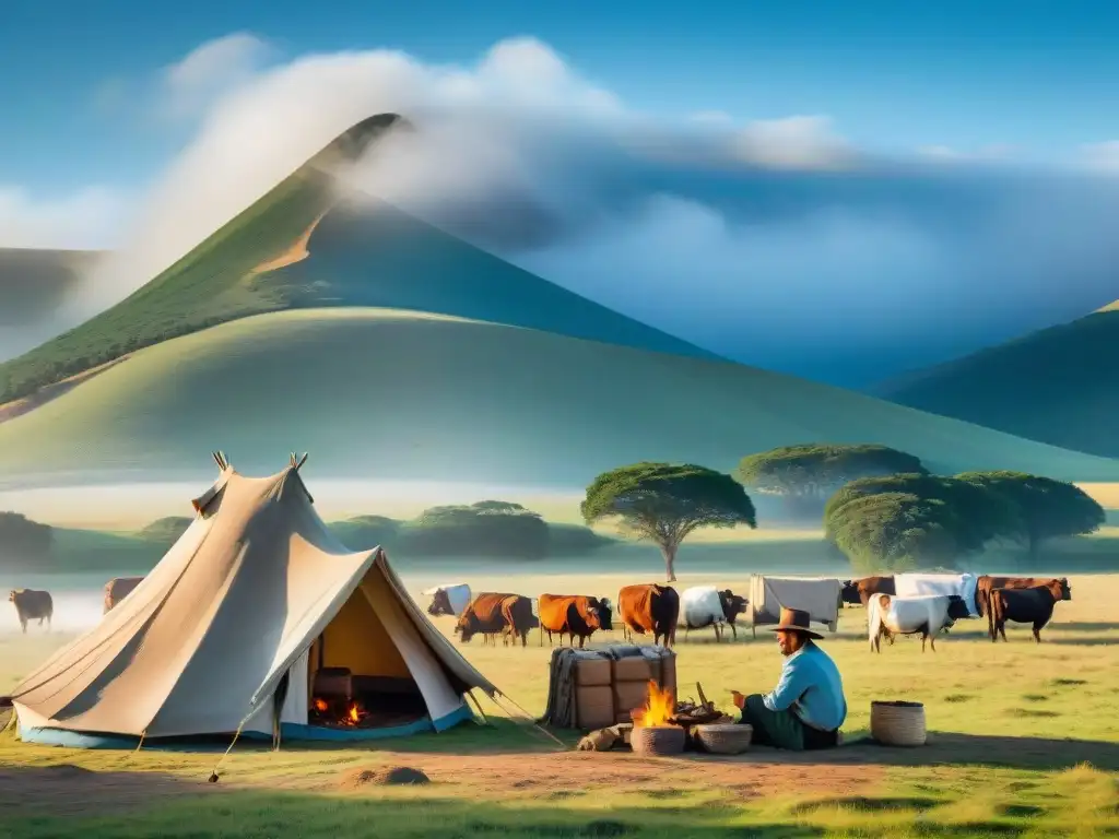 Un gaucho uruguayo montando un campamento tradicional en las colinas, con técnicas de camping tradicionales Uruguay