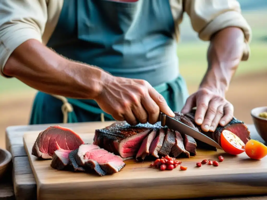 Un gaucho uruguayo cortando carne para deshidratar, demostrando su destreza