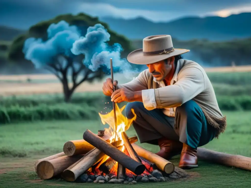 Un gaucho uruguayo enciende fuego con métodos primitivos en la naturaleza de Uruguay