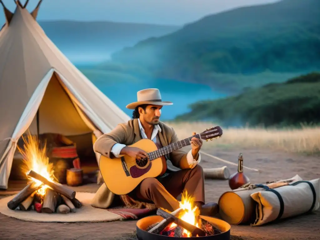 Gaucho uruguayo tocando la guitarra en fogata, rodeado de artesanías locales y naturaleza, en un ambiente auténtico