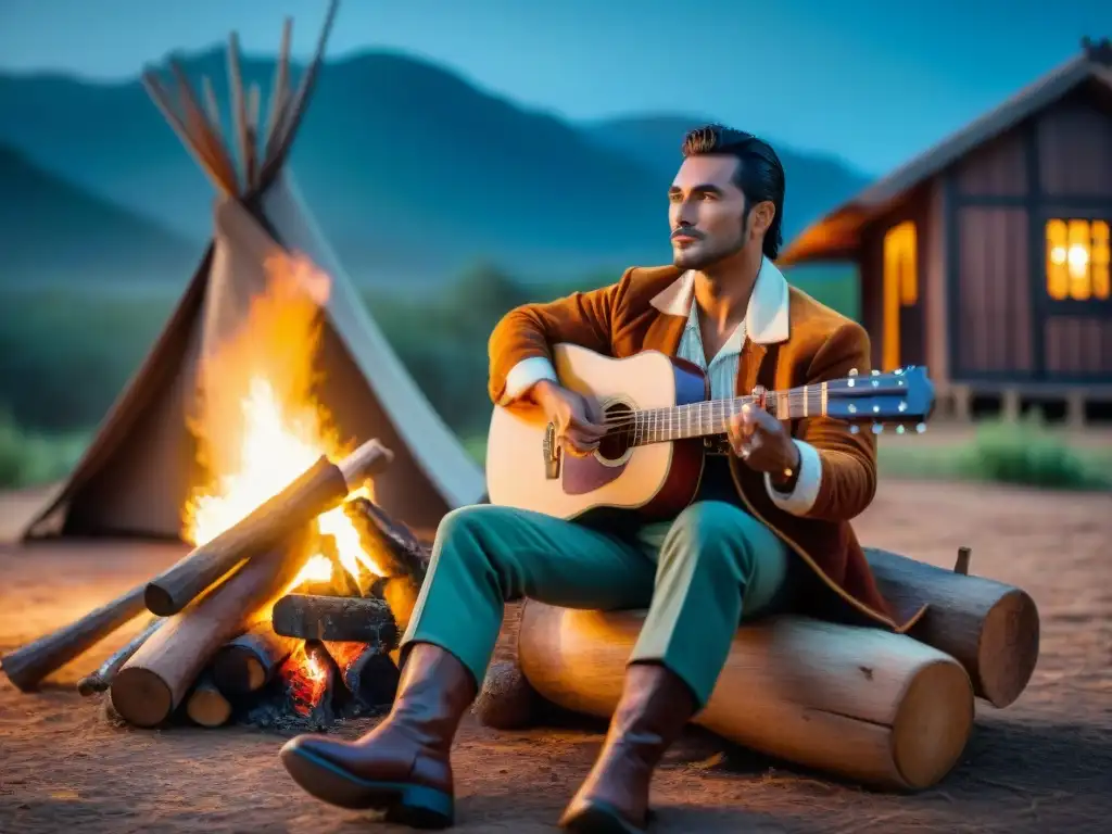 Un gaucho uruguayo tocando guitarra junto al fuego en la noche estrellada, rodeado de vegetación, con una cabaña en el fondo