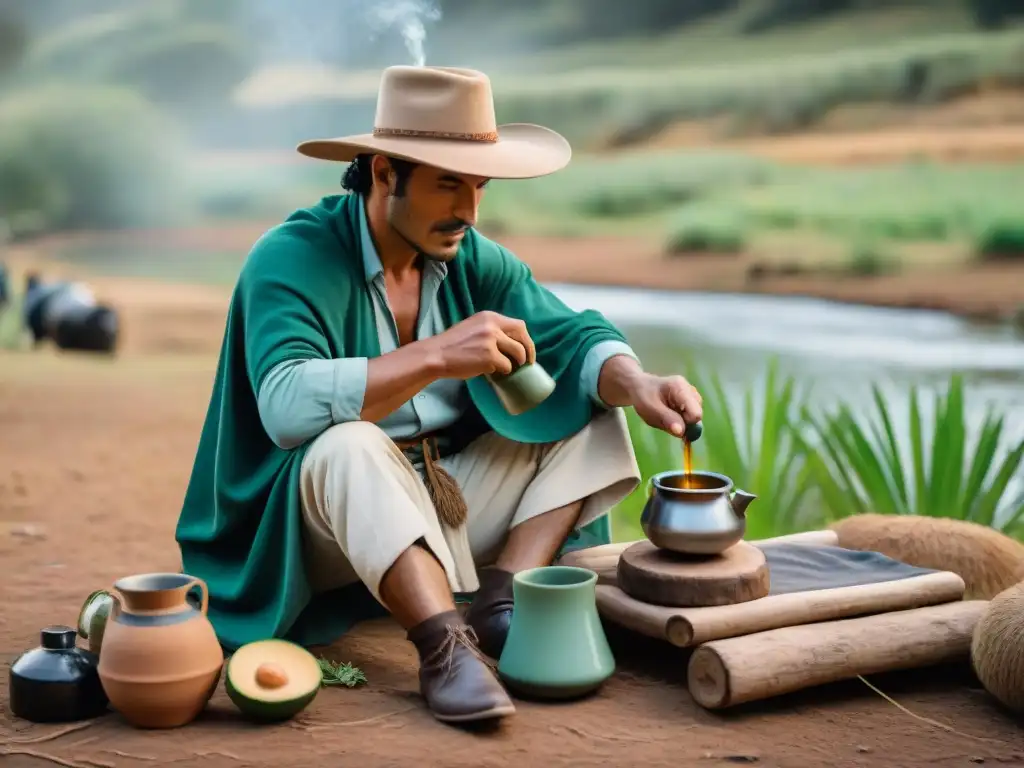 Un gaucho uruguayo prepara mate junto a un arroyo en un campamento verde exuberante