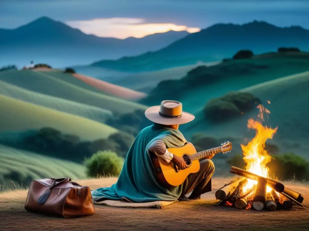 Un gaucho uruguayo tocando guitarra junto a un fogón bajo un cielo estrellado en las Rutas de camping en Uruguay