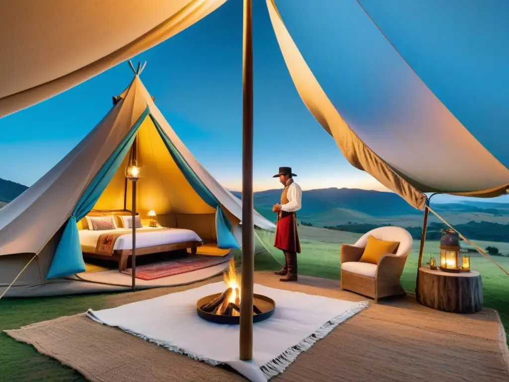 Un gaucho uruguayo montando una lujosa tienda de glamping en el campo, mezclando cultura local con comodidades modernas