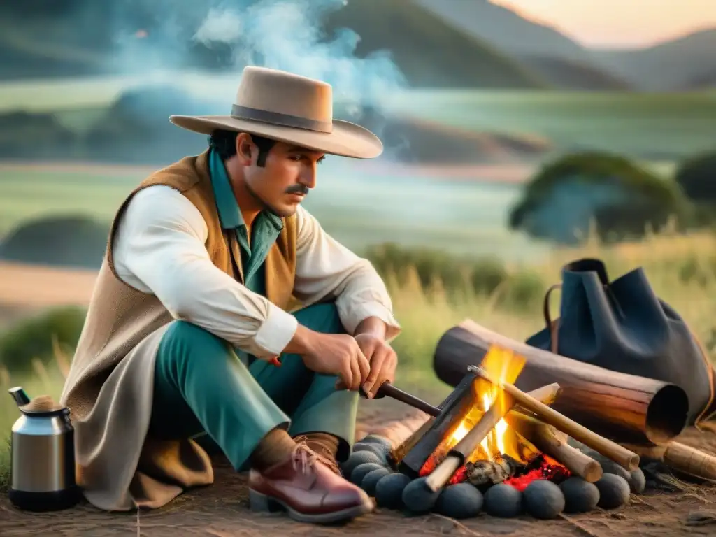 Gaucho uruguayo preparando mate junto a fogata en el campo