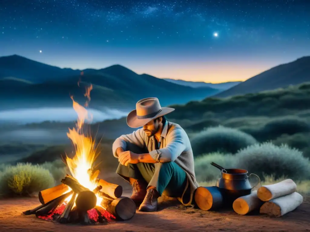 Un gaucho uruguayo tradicional cuida de una fogata bajo un cielo estrellado en Uruguay