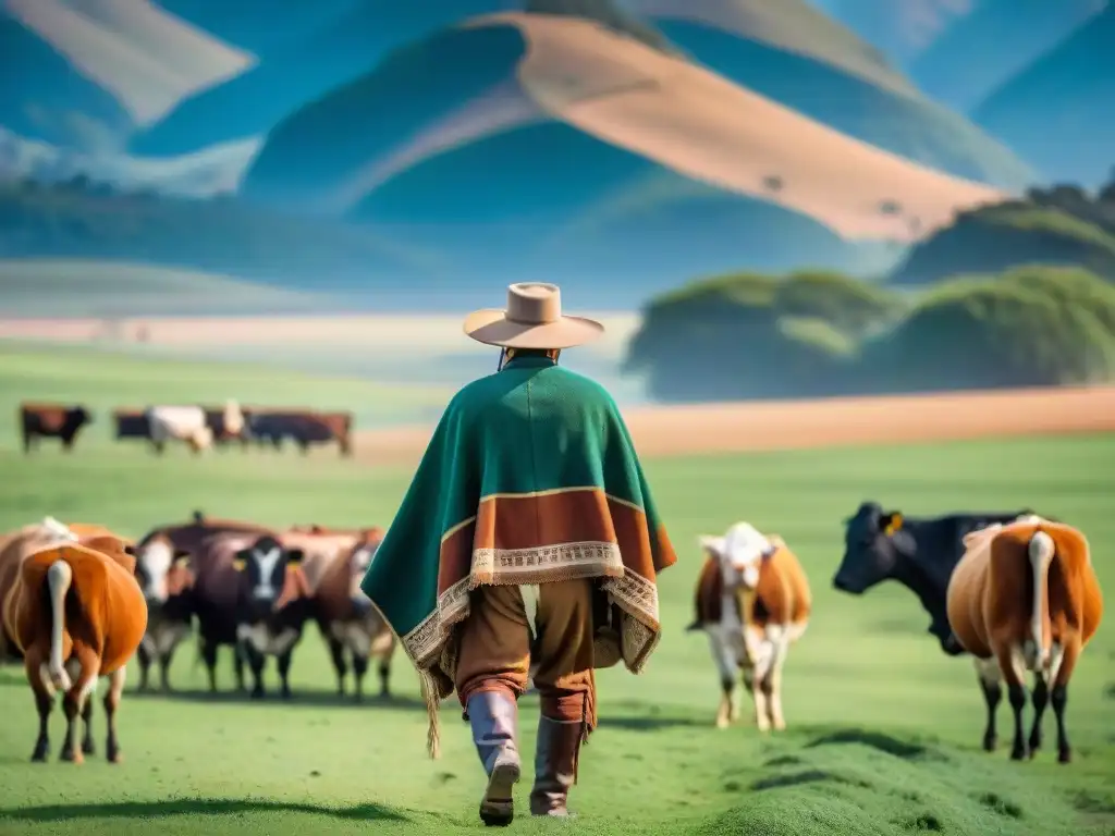 Un gaucho uruguayo tradicional cuidando ganado en las pampas