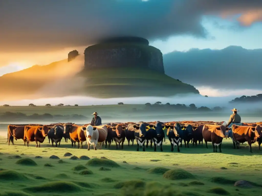 Un gaucho uruguayo tradicional cuidando su ganado en las extensas llanuras verdes al atardecer