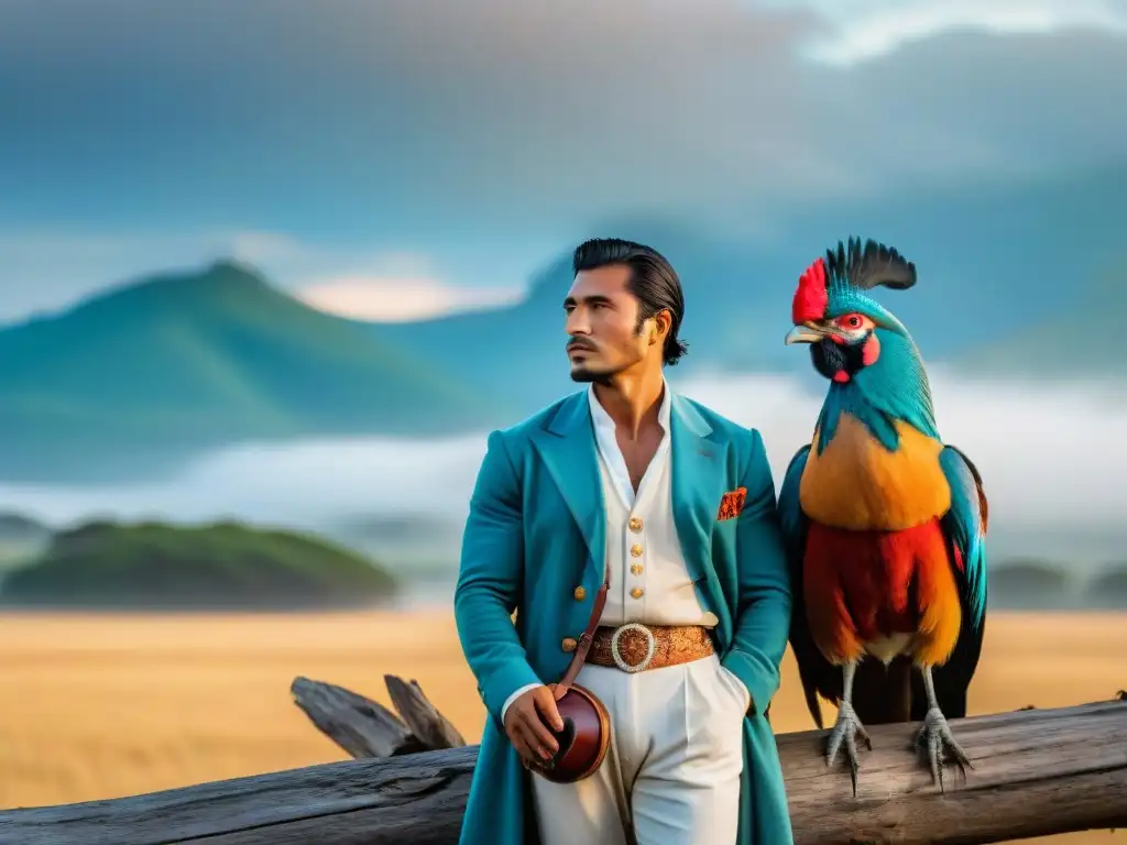 Un gaucho uruguayo tradicional junto a un majestuoso Tero, reflejando la conexión cultural con las aves tradicionales de Uruguay