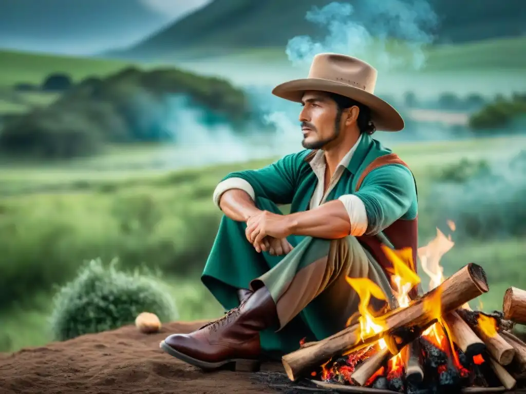 Un gaucho uruguayo tradicional asando mate junto a fogata en el campo, rodeado de naturaleza nativa