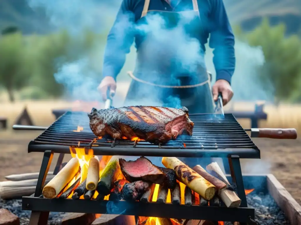 Gauchos preparando un asado uruguayo en un camping, tradición y festividades culturales en Uruguay