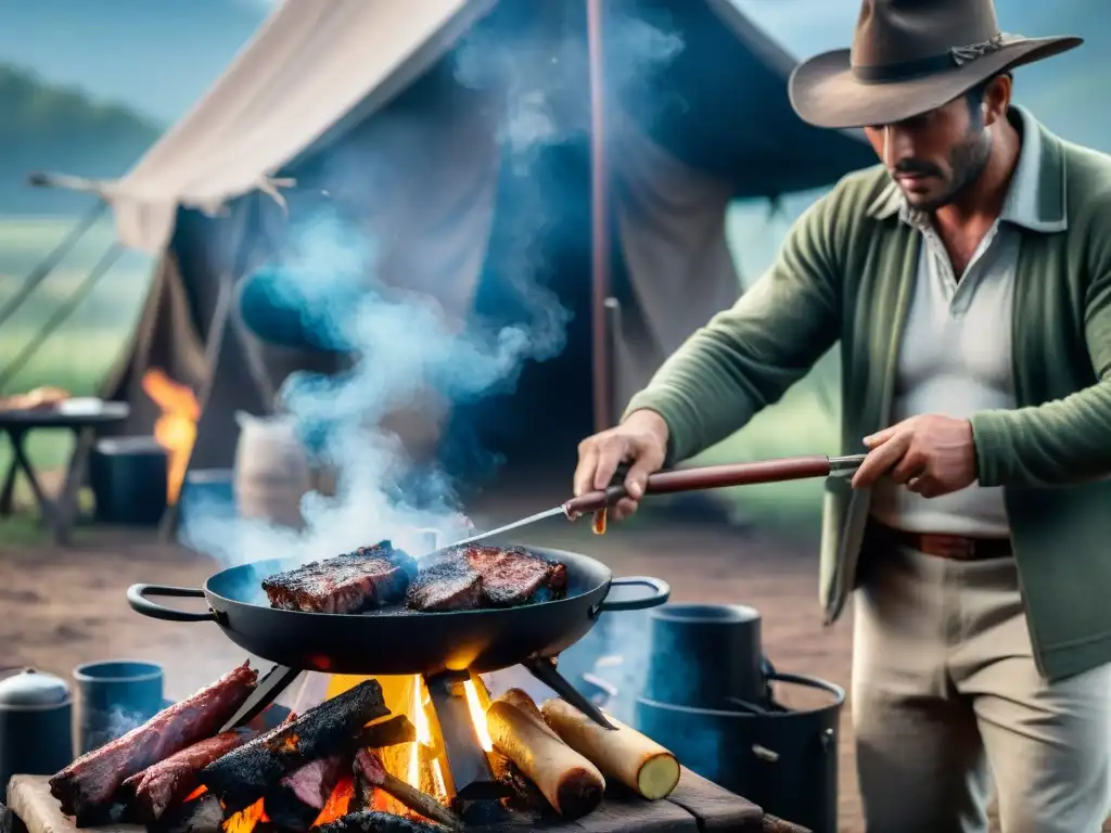 Gauchos preparando un asado uruguayo en el campo con equipo de camping, reflejando la tradición culinaria y natural de Uruguay