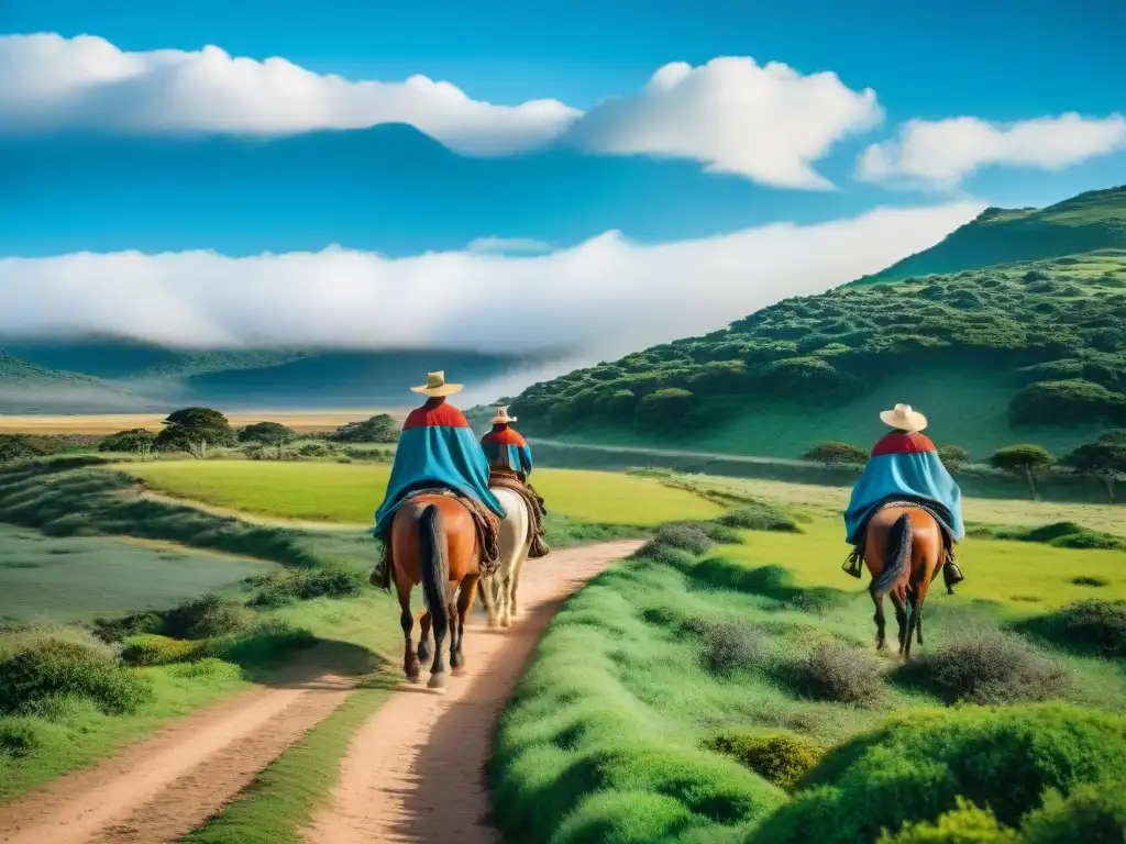 Gauchos montando a caballo en paisajes verdes de Uruguay, con ponchos y sombreros, bajo cielo azul