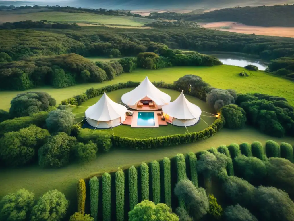 Glamping en Uruguay: destinos exclusivos - Vista aérea de un lujoso glamping entre la naturaleza exuberante y colinas bajo un cielo estrellado