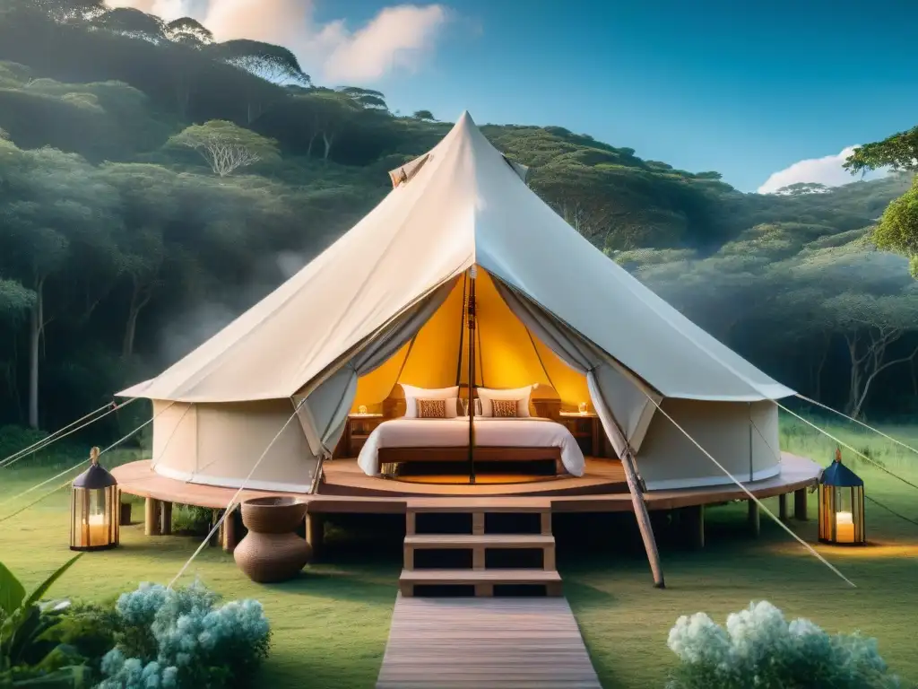 Glamping ecológico en Uruguay: Tienda lujosa en bosque verde, amueblada con materiales sostenibles y rodeada de naturaleza serena