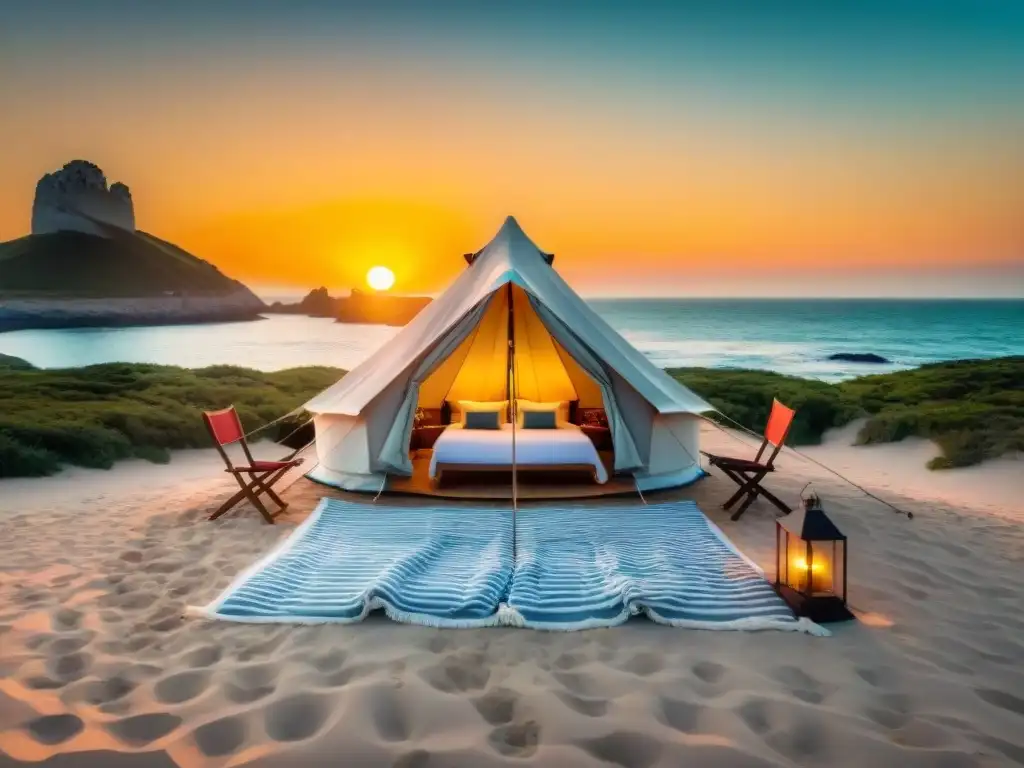 Glamping económico en Uruguay: tienda de lujo en playa pintoresca al atardecer, ambiente cálido y acogedor