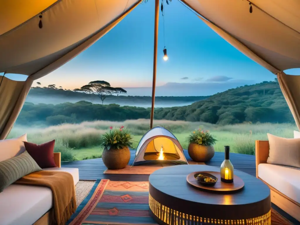 Glamping familiar en Uruguay: tienda lujosa en bosque sereno con picnic feliz y naturaleza exuberante