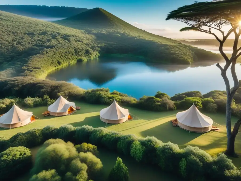 Glamping de lujo en Uruguay: Elegantes tiendas entre vegetación exuberante, colinas y un lago sereno