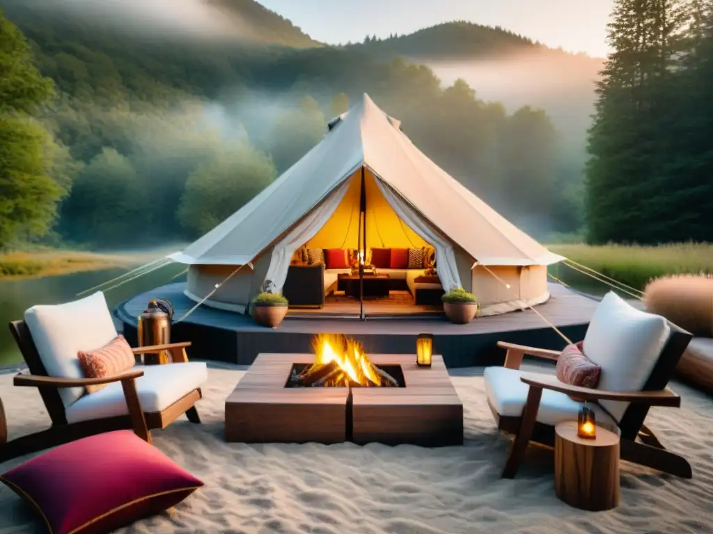 Un rincón de glamping de lujo con mobiliario temático: lounge bohemio, comedor elegante y chimenea rústica al atardecer