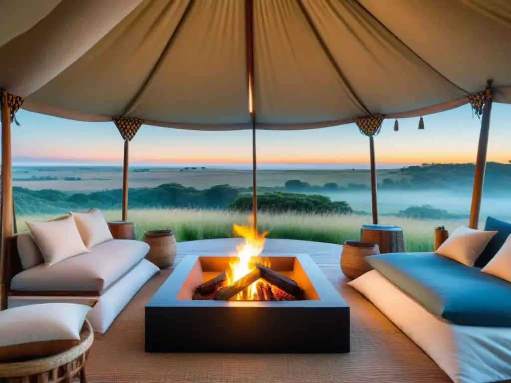 Glamping de lujo en Uruguay: tienda safari elegante rodeada de naturaleza exuberante y colinas, con fogata al atardecer