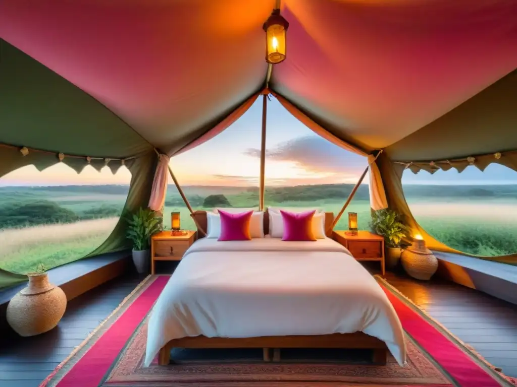 Glamping de lujo en Uruguay: tienda elegante decorada al atardecer, rodeada de naturaleza exuberante