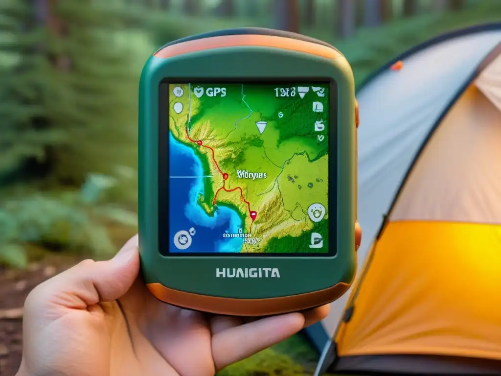 Un GPS para camping en Uruguay muestra un mapa topográfico detallado, waypoints de campings y clima en tiempo real