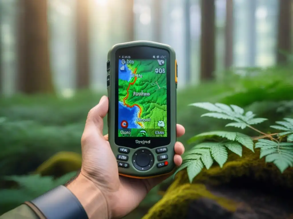 Un GPS resistente mostrando funciones ocultas para campistas expertos en áreas remotas del bosque