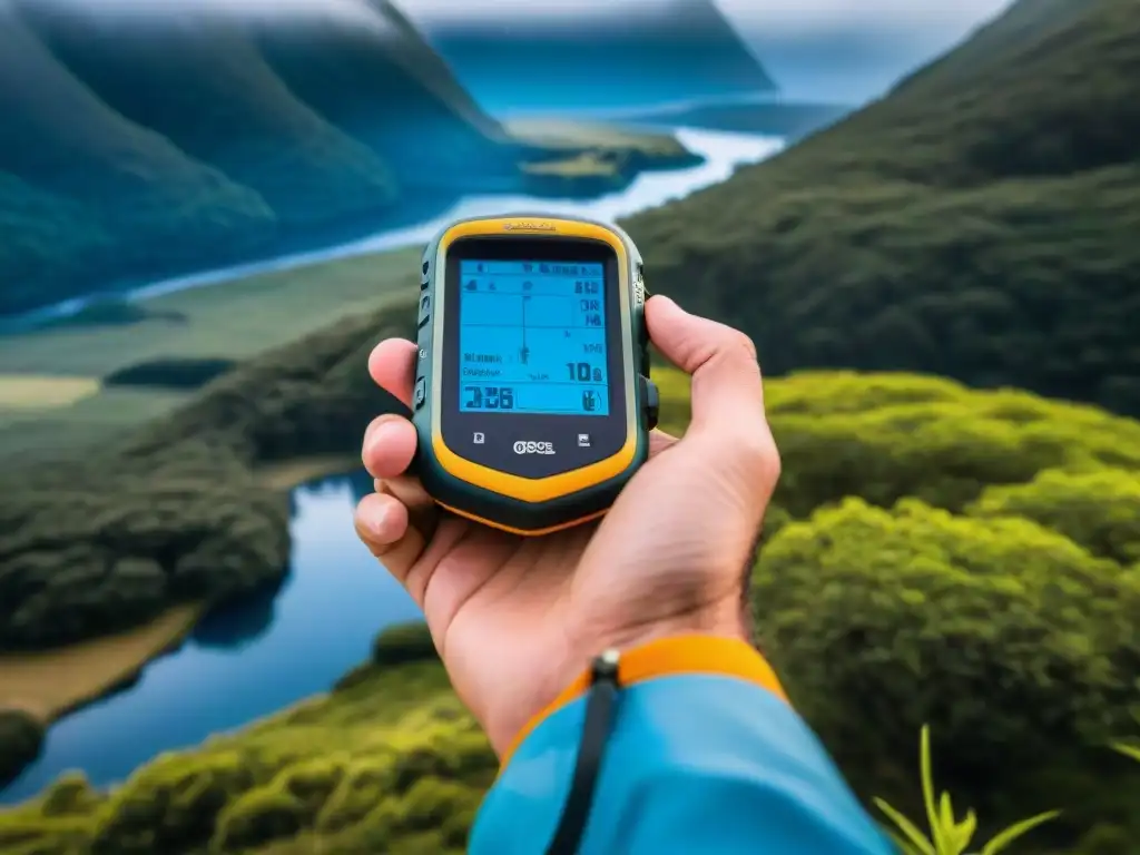 Un GPS resistente en mano, topografía detallada en pantalla, rodeado de bosques y cielo azul en Uruguay