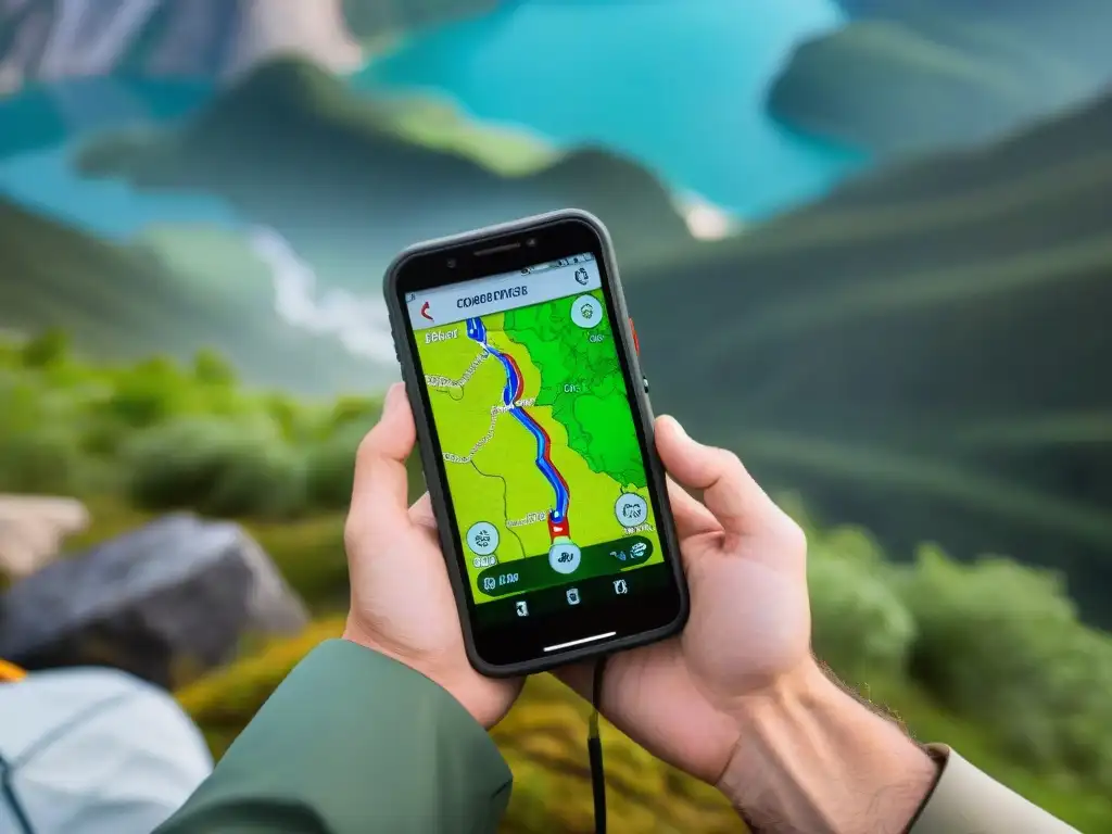 Comparación entre GPS resistente y smartphone con mapas topográficos para camping en terreno escénico