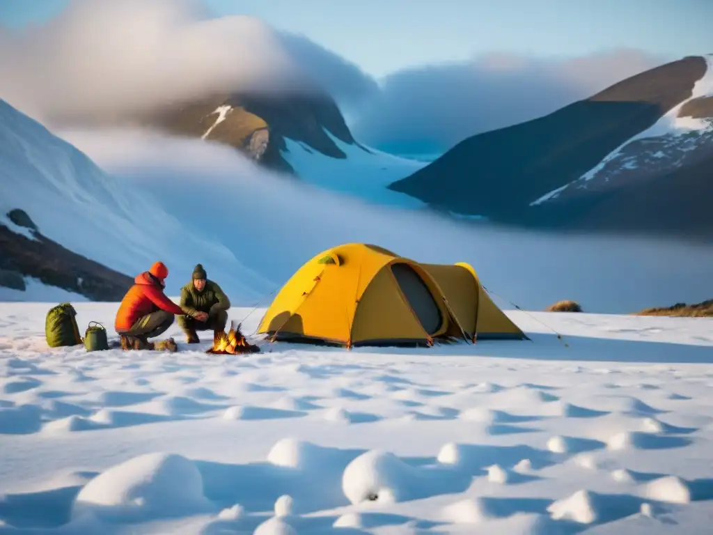 Un grupo de acampantes experimentados preparando un campamento invernal en Uruguay