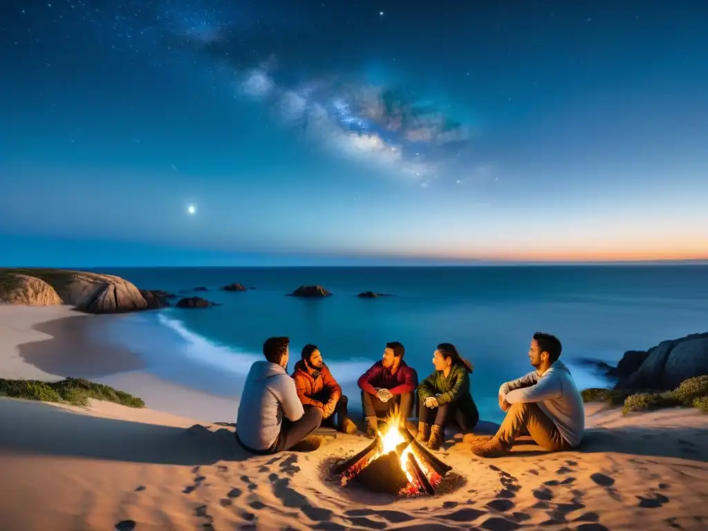 Grupo de acampantes alrededor de fogata en Cabo Polonio sin electricidad, bajo la luna