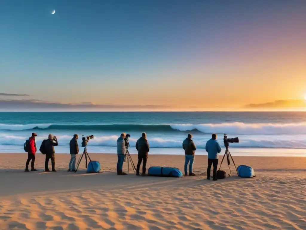 Un grupo de aficionados a la astronomía preparando telescopios en una playa de Uruguay al atardecer, con el sol dorado en el horizonte