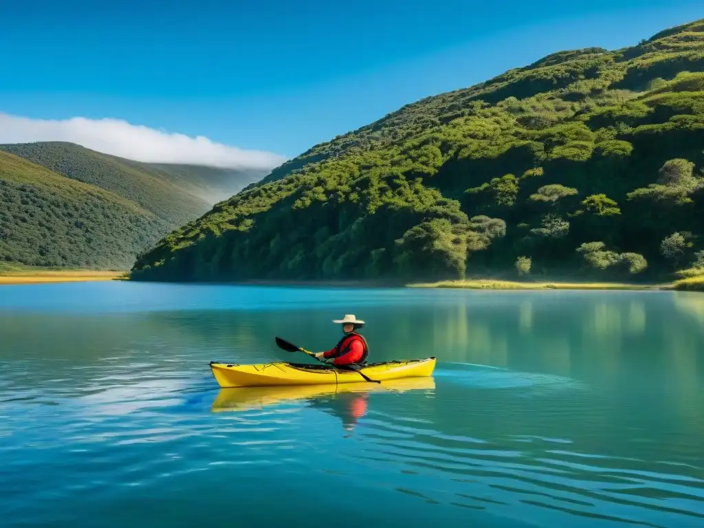 Un grupo de kayaks cortando las aguas serenas de Laguna Garzón, rodeados de exuberante vegetación y cielo azul