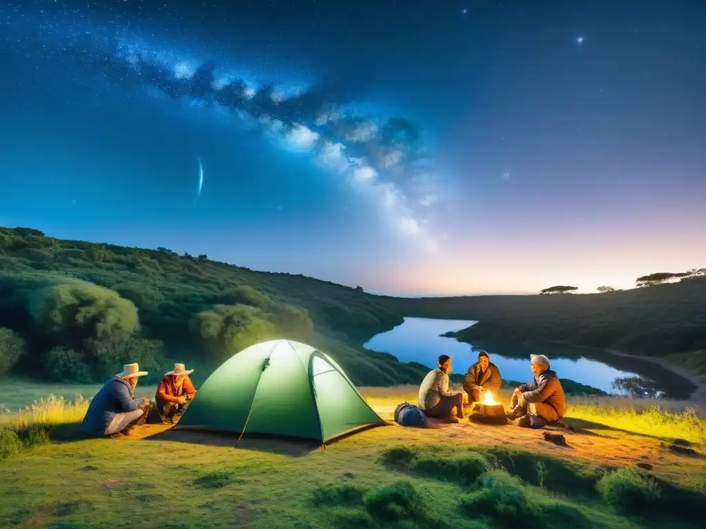 Grupo alegre de campistas montando tiendas bajo un cielo estrellado en un campamento verde en Uruguay