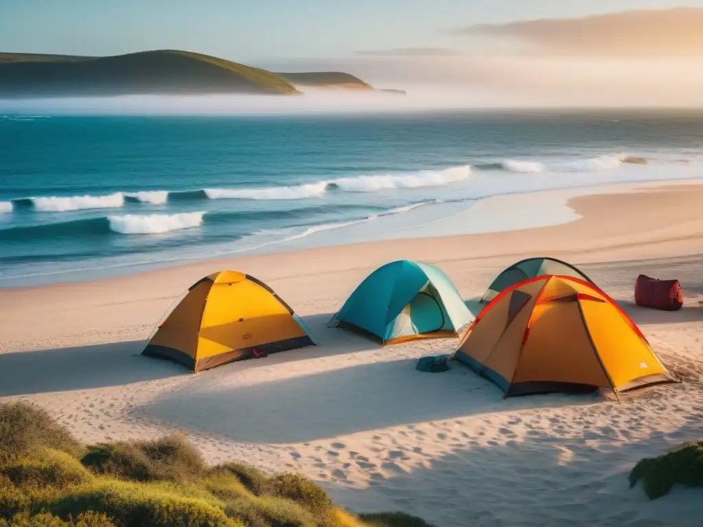 Grupo de amigos disfrutando de un amanecer en la playa de Uruguay con tiendas coloridas, fogata y olas del mar