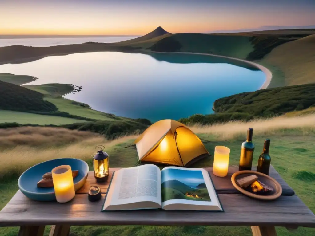 Grupo de amigos disfrutando de un atardecer dorado en un campamento en las colinas de Uruguay con guías de camping en Uruguay